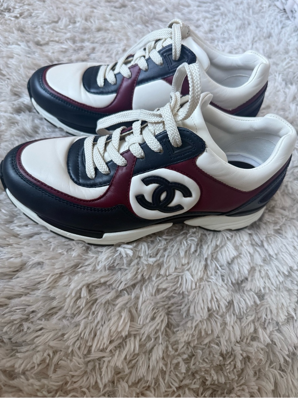 CHANEL Multicolor Leather Lace-Up Sneakers in White, Black & Burgundy - Picture 3 of 8